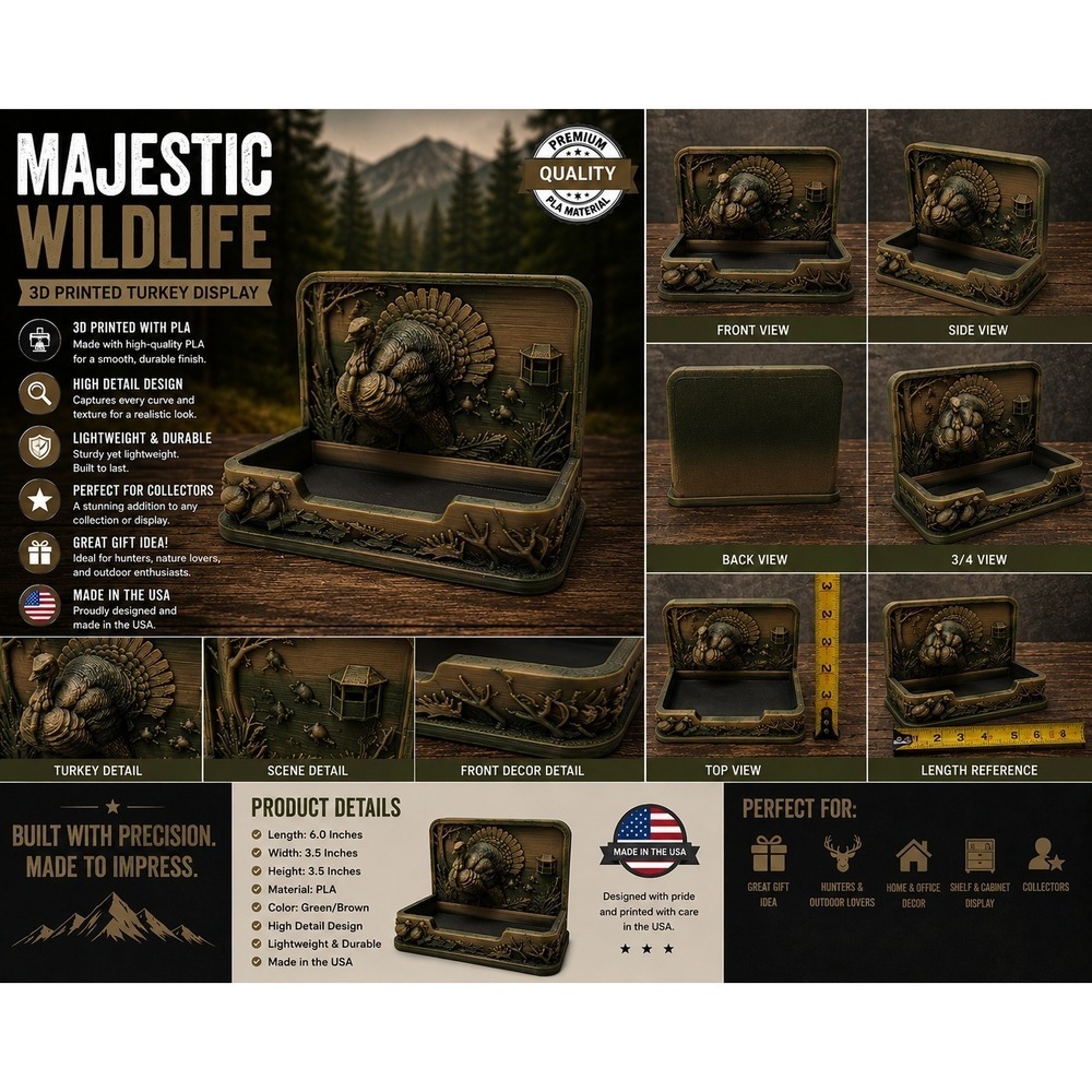 Wild Turkey 3D Printed Business Card Holder Strutting Tom Rustic Lodge Decor